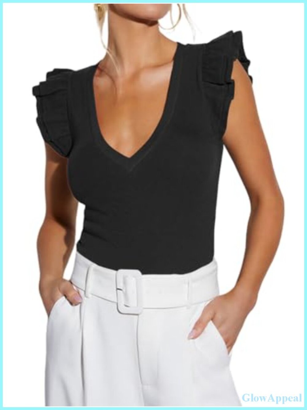 Women's V-Neck Ruffle Sleeve Tank Top Ribbed Knit Fit